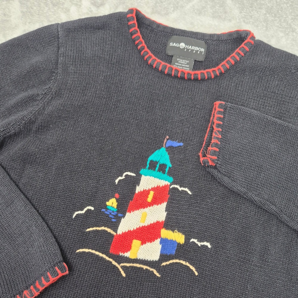 Vintage Sag Harbor Sport Womens M Black Lighthouse Knit Sweater Blanket Stitch